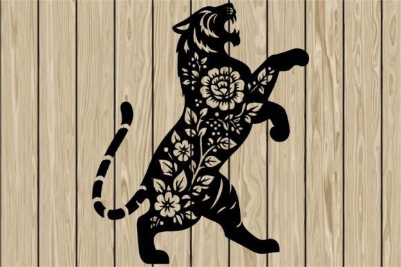 Floral Tiger on Hind Legs Stencil SVG