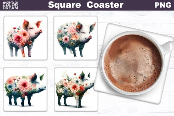 Pig Flowers Square Coaster