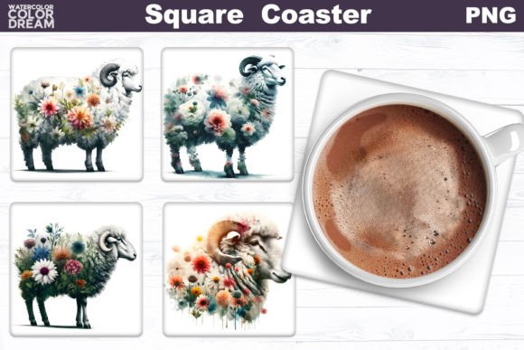 Sheep Flowers Square Coaster Double Ex