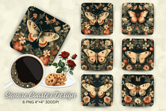 Vintage Moth and Floral Square Coaster D